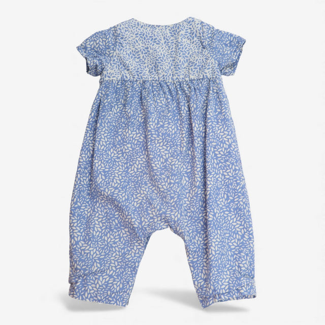 Romper blue and white leaf pattern with wood effec
