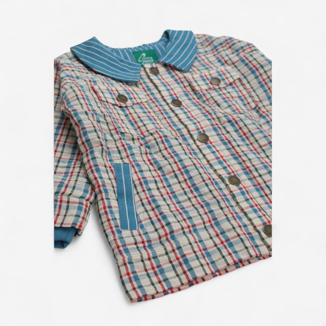 Shacket with blue striped collar