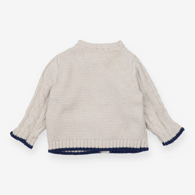 Cardigan cream cable blue edging 