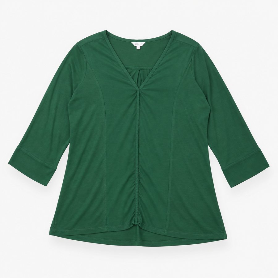 Long Sleeve V-Neck Silk Blend Tunic Top Forest Gre