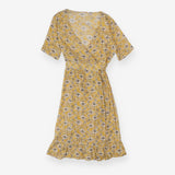 Yellow Wrap Midi Dress V Neck Short Sleeve Casual 