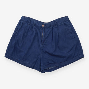 High Waisted Pleated Denim Shorts Dark Blue