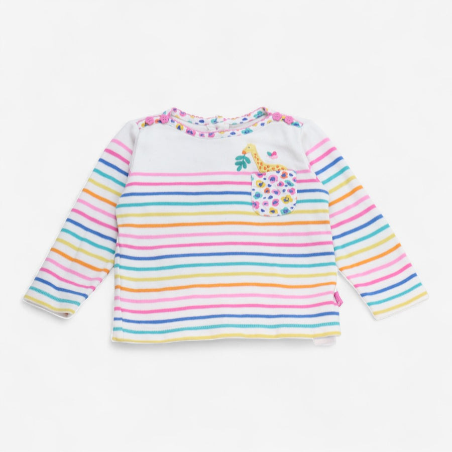 Tee LS white stripe giraffe on pocket 
