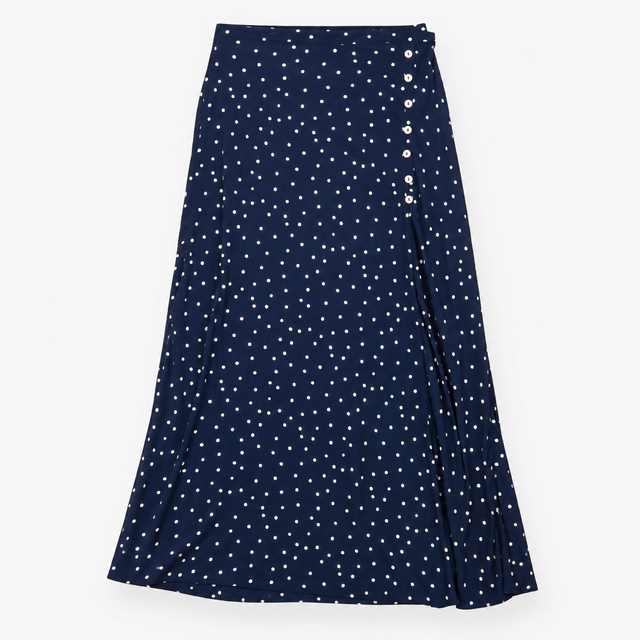 Midi Skirt Polka Dot Button Detail Navy