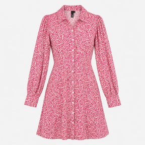 Mini Shirt Dress Pink White Ditsy Floral Print Lon