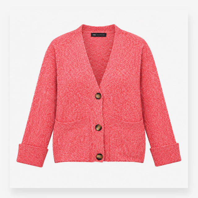 Cardigan V Neck Button Front Marl Pink