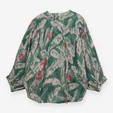 Blouse Green Tropical Floral Print Cotton Button F