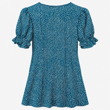 Top Teal White Spot Print V-Neck Puff Sleeve Ruffl