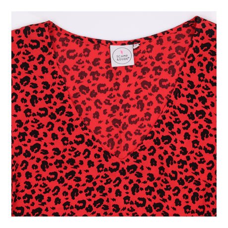 Midi Dress Red Leopard Print Tiered Puff Sleeve