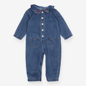 Denim Jumpsuit with Long Sleeve Frill Collar 