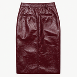 Faux Patent Leather Front Slit Midi Skirt Burgundy