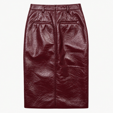 Faux Patent Leather Front Slit Midi Skirt Burgundy