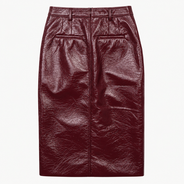 Faux Patent Leather Front Slit Midi Skirt Burgundy