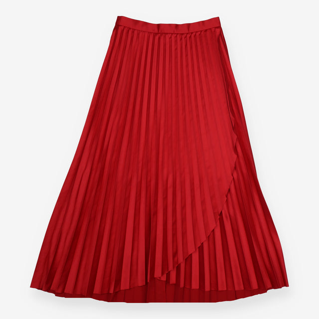 Pleated Midi Skirt Pink Asymmetric Wrap Overlay