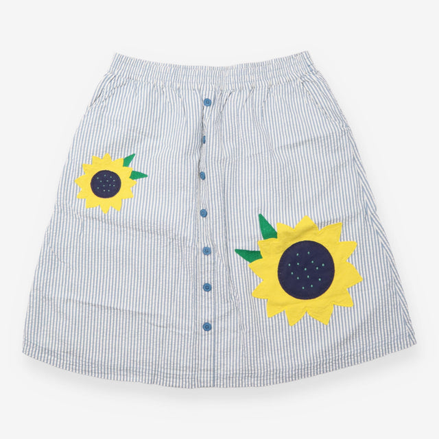 Skirt Blue White Stripe Seersucker Sunflower Appli