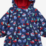 Pramsuit navy with boats red fleece lined 