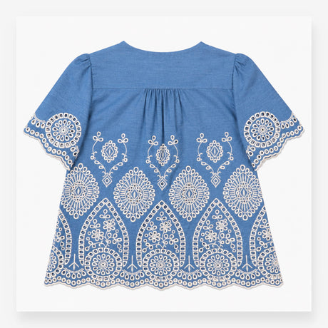 Broderie Blouse in Chambray Blue and Ivory