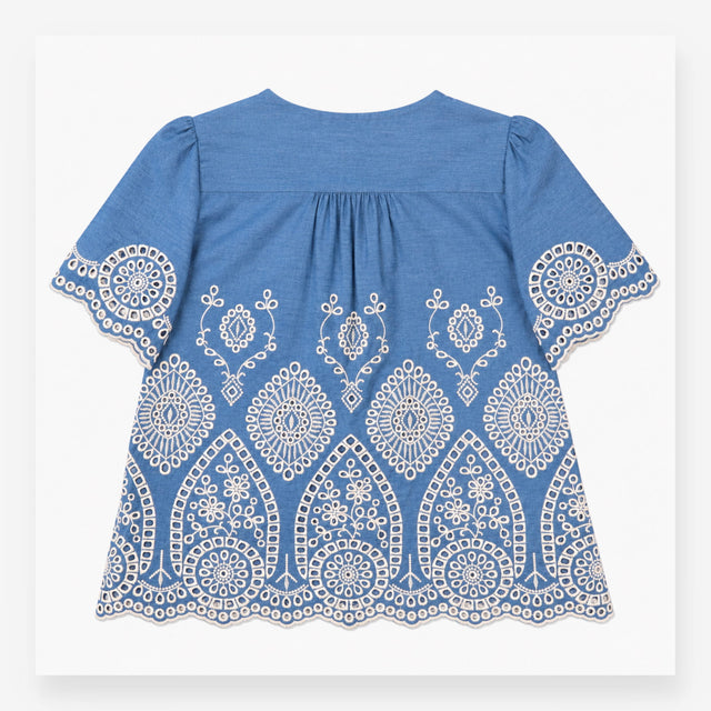 Broderie Blouse in Chambray Blue and Ivory