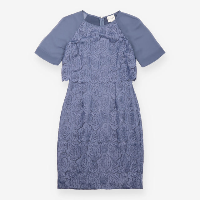 Midi Dress Grey Rose Embroidered Sheer Sleeve