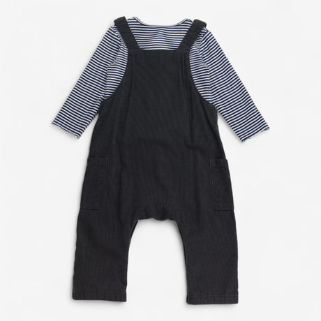 Dungaree Cord Grey Rabbit with Striped Bodysuit