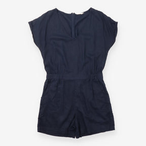 Playsuit Linen Blend Short Sleeve V-Neck Navy