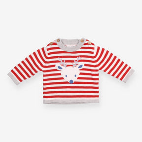 Jumper Knit Red Stripe with Reindeer Applique