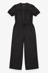 Jumpsuit Linen Short Sleeve Button Front Black