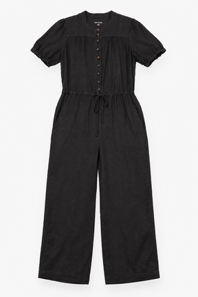Jumpsuit Linen Short Sleeve Button Front Black