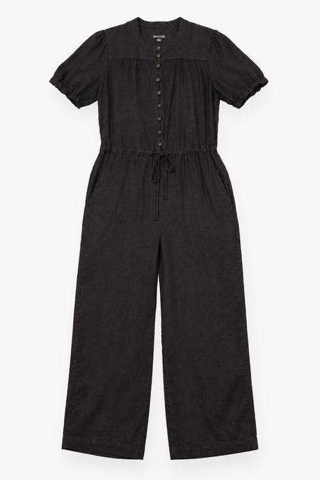 Jumpsuit Linen Short Sleeve Button Front Black