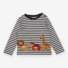 Tee Shirt navy and white strips with Lion, Tiger a