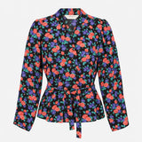 Black Vintage Pink Purple Floral Belted Long Sleev
