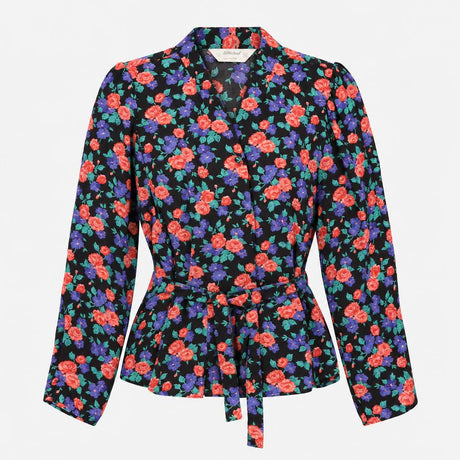 Black Vintage Pink Purple Floral Belted Long Sleev