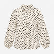 Cream Black Leaf Print Collared Long Sleeve Blouse