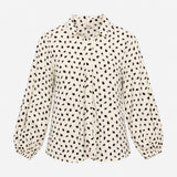 Cream Black Leaf Print Collared Long Sleeve Blouse