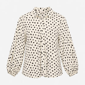 Cream Black Leaf Print Collared Long Sleeve Blouse