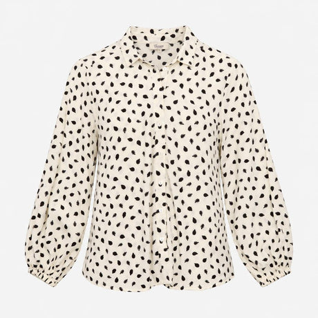 Cream Black Leaf Print Collared Long Sleeve Blouse