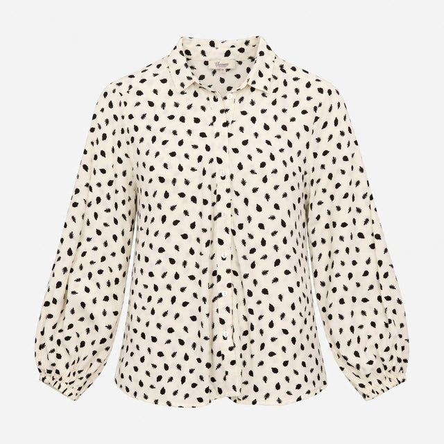Cream Black Leaf Print Collared Long Sleeve Blouse