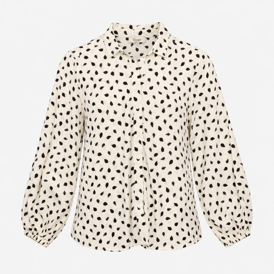 Cream Black Leaf Print Collared Long Sleeve Blouse