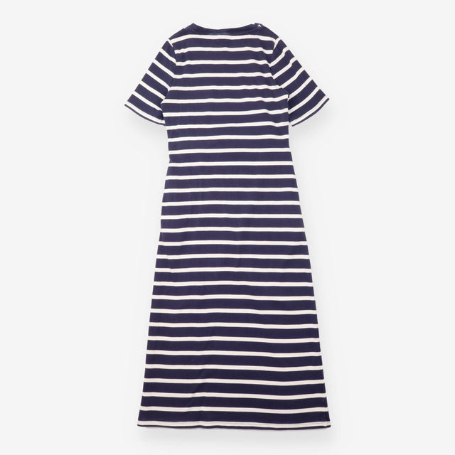 Jersey Dress Navy Cream Stripe Tie Waist