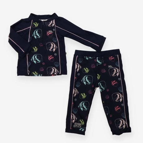 2 piece swim suit long sleeve navy fish and shells