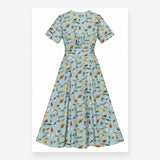 Dress Insect Print Blue Viscose Midi V-Neck Short 