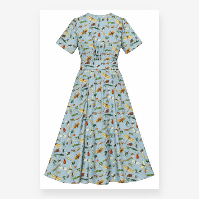 Dress Insect Print Blue Viscose Midi V-Neck Short 
