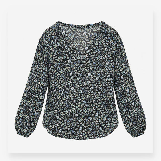 Floral Blouse Navy Blue Long Sleeve Pintuck Detail