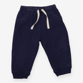 Navy joggers with white drawstring