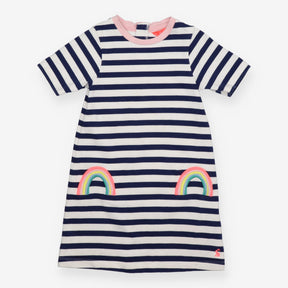 Jersey Dress Short Sleeve Navy Strips, Pink Collar