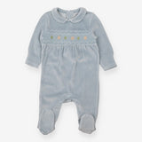 Sleepsuit velour blue smock collared hedgehogs