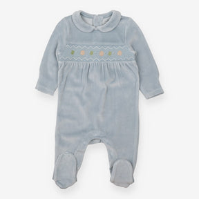 Sleepsuit velour blue smock collared hedgehogs