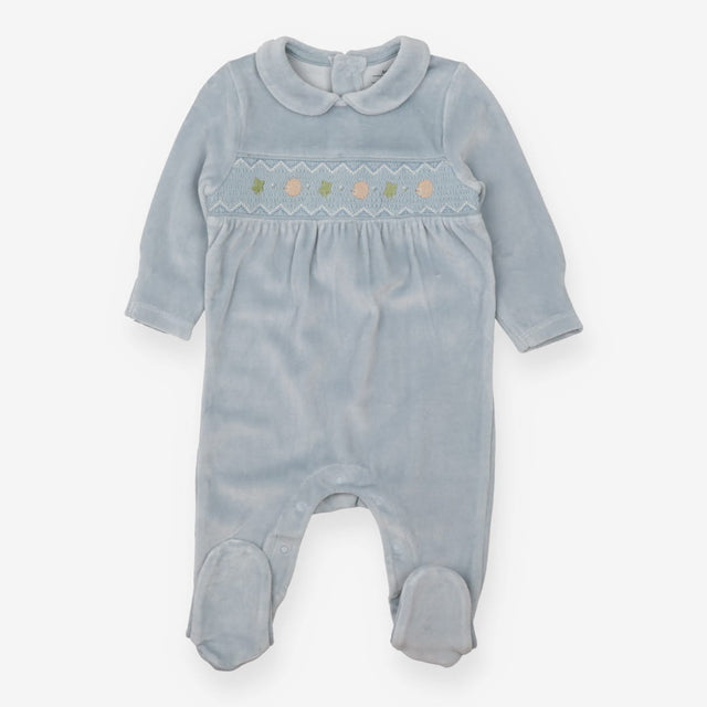 Sleepsuit velour blue smock collared hedgehogs