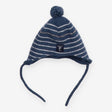 Hat knit blue stripe pom pom