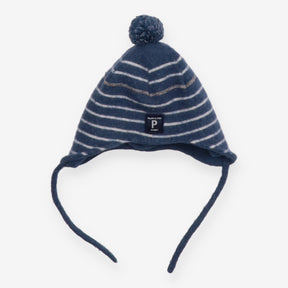 Hat knit blue stripe pom pom